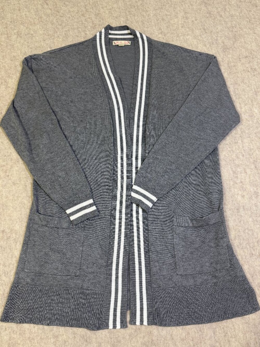 It's Our Time Gray Longline Open Front Cardigan M Striped Trim Pockets